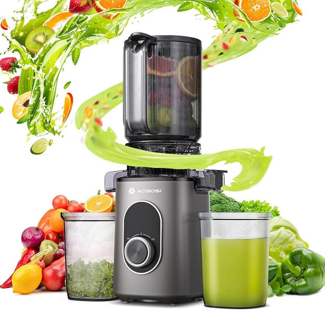 AAOBOSI Cold Press Juicer, 4.35" Large Feed Chute Masticating Juicer Machines Juice Extractor Fit Fruits &Vegetables, Easy to Clean High Juice Yield, New Designed for Home and Travel, BPA Free