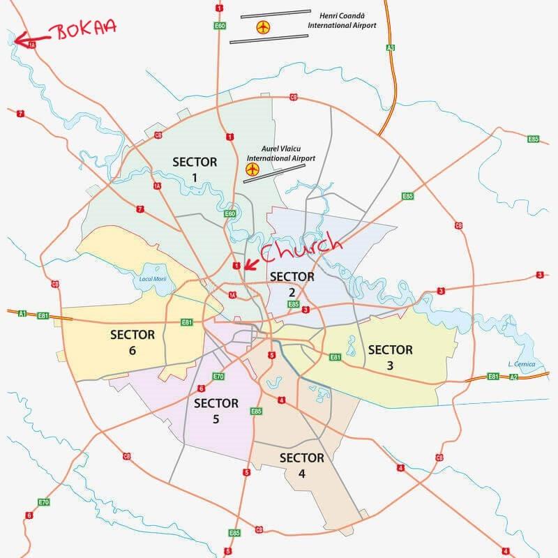 This is the map of Bucharest with both Bokaa and the church marked. We recommend booking your accommodation in Sector 1 or 2. These areas are close to the events and are nice neighborhoods in Bucharest.