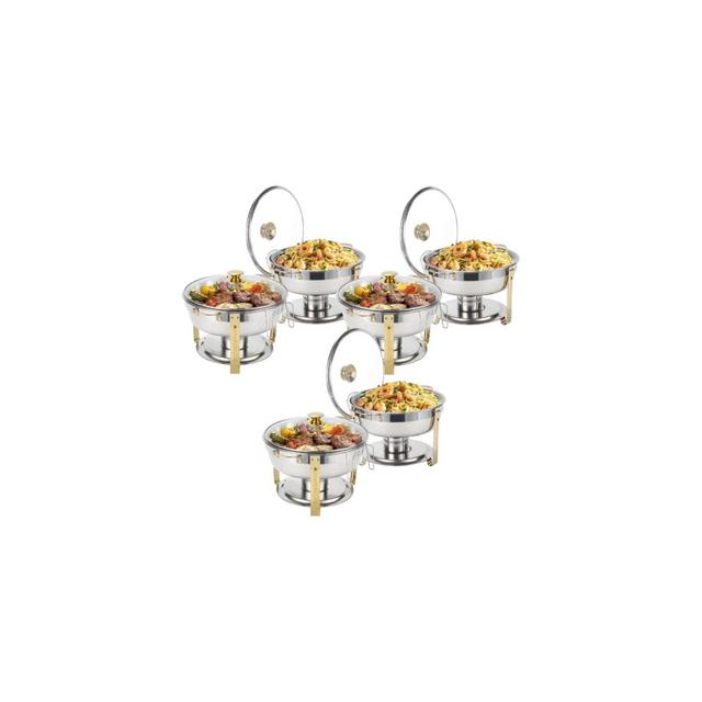 Warmounts 5QT 6-Pack Gold Accent Round Chafing Dish Buffet Set Food Warmer with Glass Lids & Holders