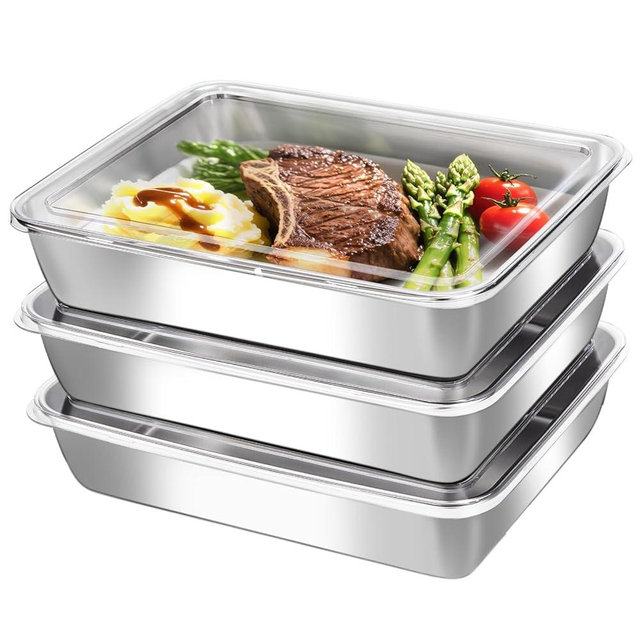 ACTUKSX 3-Pack Stainless Steel Food Storage Containers with Clear Lids - Stackable Meal Prep Trays for Lunch, Leftovers, Freezer & Dishwasher Safe(10x7.68x2.1in)