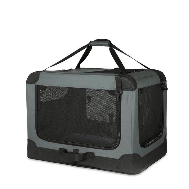 Amazon Basics 4-Doors Portable Soft-Sided Folding Travel Crate Kennel for cat, Dog, and Other Small Animals, Grey, S 26" x 18" x 18"