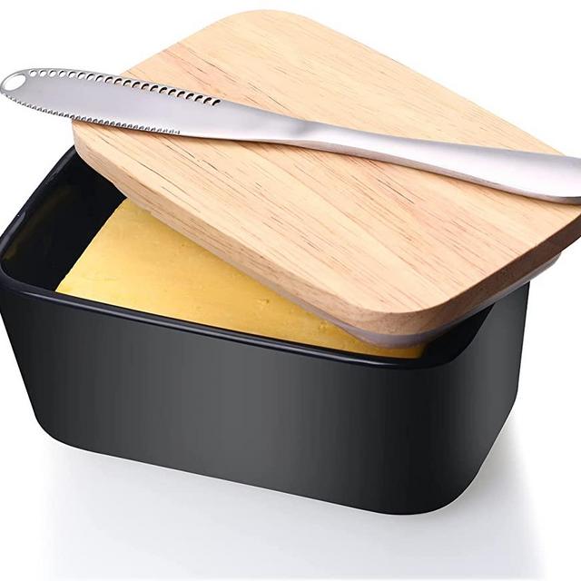Butter Dish with Knife, Porcelain Butter Dishes with Lid, Large Butter Keeper with Double Layer Sealing Silicone and Stainless Steel Knife (Black)