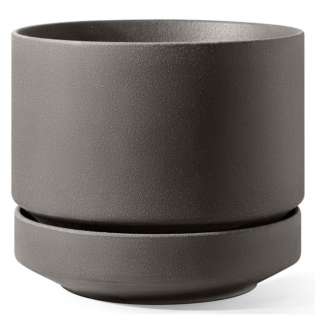 LE TAUCI 14 Inch Large Plant Pot with Saucer, Ceramic Outdoor & Indoor Big Planter with Drainage Hole, Mesh Pad & Plug Included, Unglazed Porous, Modern for Home and Patio, Charcoal Gray