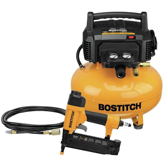 Bostitch 6 Gallon Pancake Air Compressor with 150 Max PSI, 2.6 CFM @ 90 PSI and 18 Gauge Brad Nailer Combo Kit