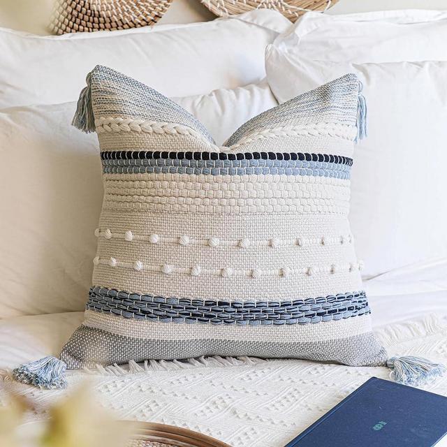 BlissBlush Coastal Blue Boho Decorative Throw Pillow Cover 22x22 Modern Bohemian Accent Pillow Case Square Woven Textured Farmhouse Pillows for Couch Bed (Pack of 1)