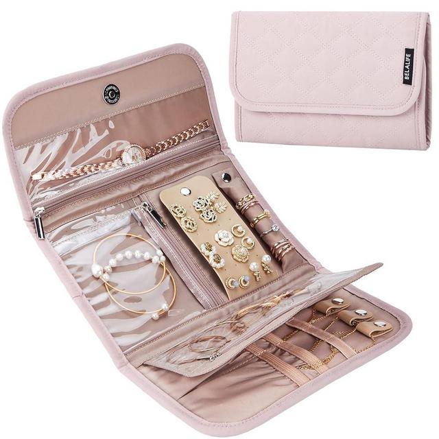 BELALIFE Travel Jewelry Case Organizer, Foldable Storage Roll for Earrings, Necklaces, Rings, Bracelets, Brooches, Pink