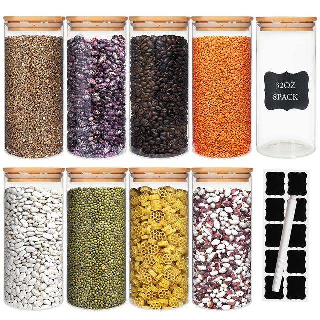 Glass Food Storage Containers Jars with Airtight Bamboo Lid 32oz 8pcs, 950ml Pantry Organization Jar, Glass Terrarium with Lid, Spice, Tea, Flour and Sugar Container, Canister Set for Kitchen Counter