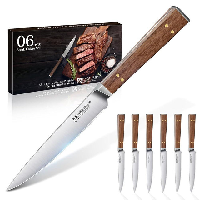 Purple Dragon Steak Knives Set of 6 - Smooth Edge Non-Serrated Blade with Square Wooden Handle – Elegant, Balanced, High Carbon German Steel - Christmas Gift for Men and Women