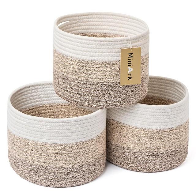 MiniArk Small Basket for Organizing | Cube Shelf Closet Storage Baskets | 9.7×9.7×7.1” | Woven Rope Gift Basket | Nursery | Round 3 Packs Gradient Brown