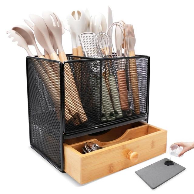 Kitchen Utensil Holder with Drawer, 2-In-1 Large Utensil Holder & Silverware Holder for Counter & Countertop, Kitchen Utensils Organizer for Cookware and Flatware, With Quick Dry Diatomite Pad
