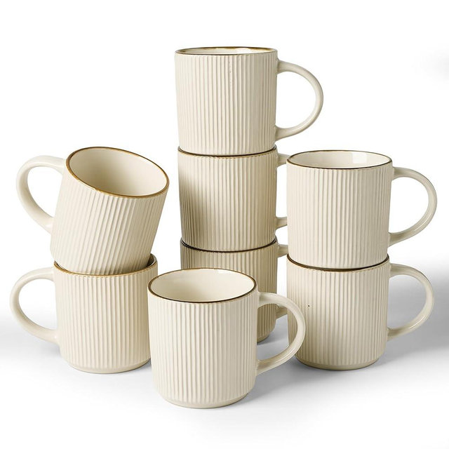famiware Coffee Mug Set for 8, Star 12 oz Catering Mugs Cup Set with Handle for Coffee, Tea, Cocoa, Milk - Ceramic Stoneware Drinkware Set, White