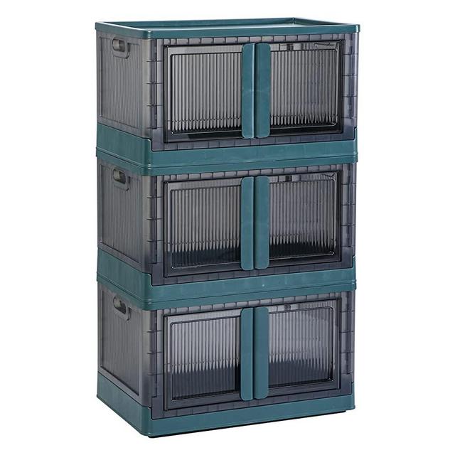 Plastic Book Shelf - Collapsible Bookcase, 19 Gal Blanket Storage, Stackable Room Organization, Clear Storage Bins with Lids, Storage Shelves, Cube Storage Organizer, Bedroom Organization (3 Pack)