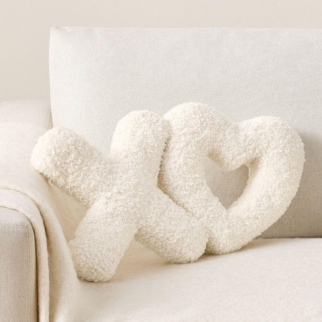 XO Heart Shaped Pillow, Ivory, 16"