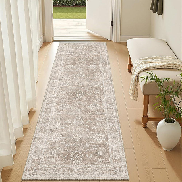 Madane 2x6 Washable Runner Rug Non-Slip, Vintage Kitchen Hallway Rug with Rubber Backing, Soft Low Pile Throw Carpet Runner for Entryway Laundry Bathroom Bedroom Living Room (2 x 6, Brown/Sand)