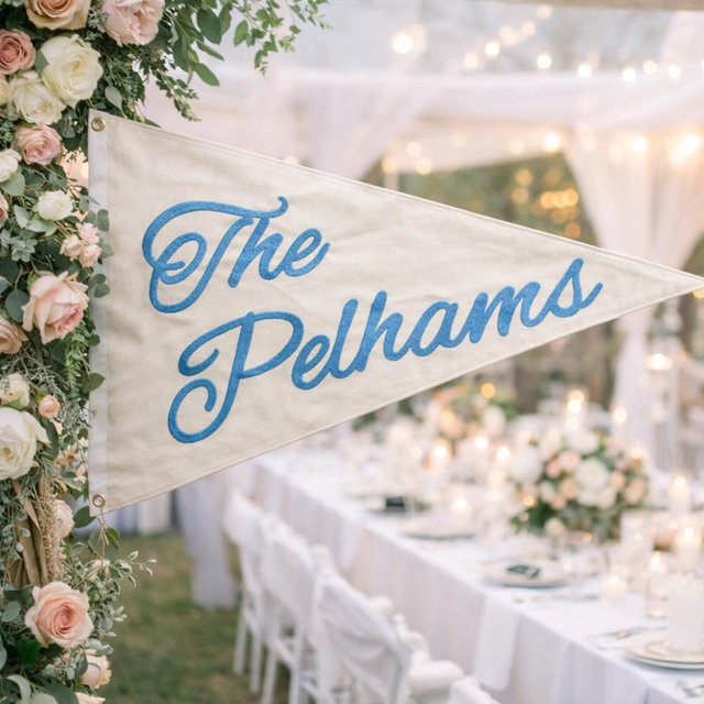 Custom Embroidered Linen Wedding Pennant Banner, Hand Stitched