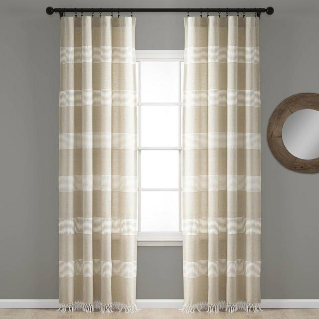 Set of 2 95"x40" Farmhouse Tucker Stripe Yarn Dyed Cotton Knotted Tassel Light Filtering Window Curtain Panels Taupe/White - Lush Décor