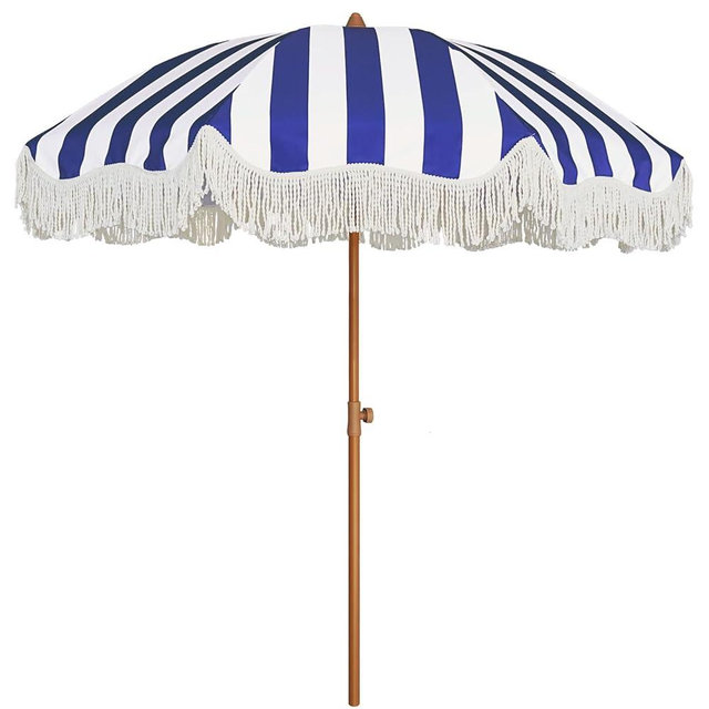 AMMSUN Boho Fringe Umbrella Outdoor Patio, 6.5ft UPF50+ Picnic Umbrella with Tassels with Steel Pole and Push Button Tilt, Navy Stripe
