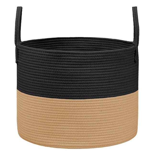 JMvicyroam 65L Extra Large Blanket Basket for Living Room - Woven Cotton Rope Laundry Hamper with Reinforced Handles - Storage Bin for Pillows, Comforters & Toys - Machine Washable,Black&Jute