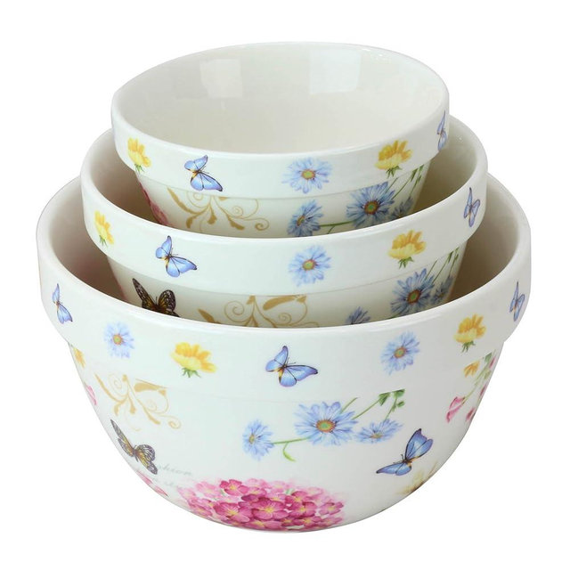 Gracie China by Coastline Imports 3-Piece Set Pantry Mixing Bowls Butterfly and Pink Hydrangea, Multicolor, 42-oz; 22-oz; 10-oz (35510-2)