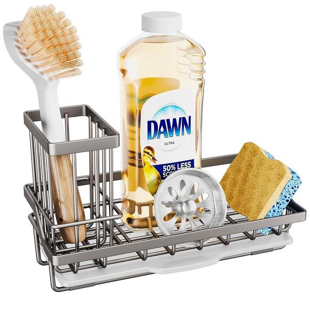 SWTYMIKI Sink Caddy Sponge Holder - Kitchen Sink Organizer with High Brush Holder for Countertop by the Sink Holding Dish Soaps and Sponges, Stainless Steel, Sand Nickel