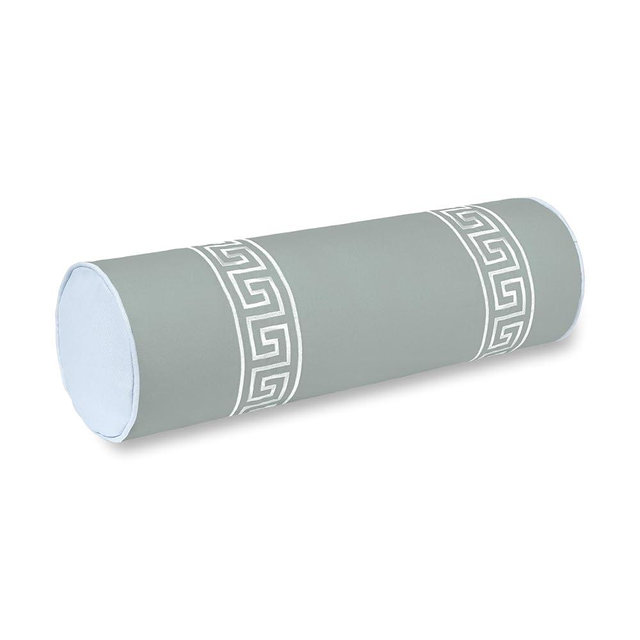 Hofdeco Premium Coastal Grandmillennial Patio Indoor Outdoor Bolster Pillow Cover Only, 8"x24" Water Repellent for Backyard, Couch, Poolside, Celadon Green Blue Embroidered Greek Key