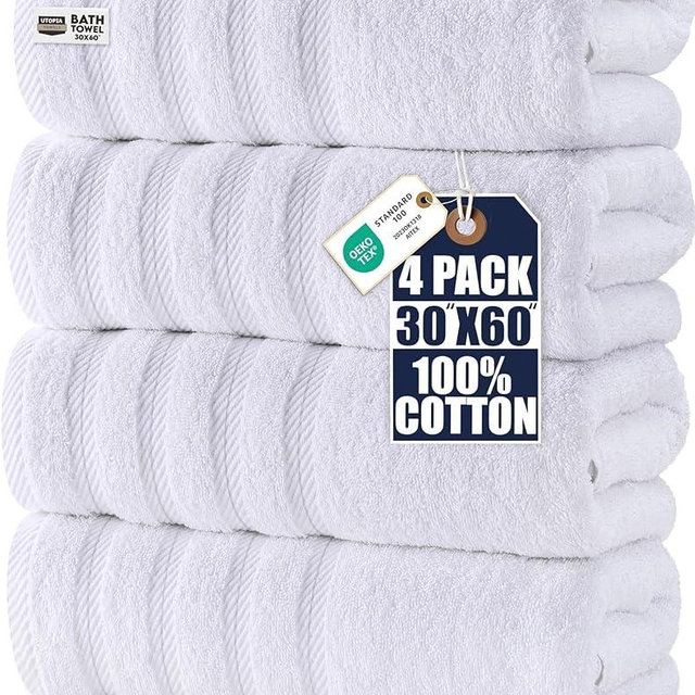 Utopia Towels 4 Pack Premium Extra Large Bath Towels Set, (30 x 60 Inches) 100% Ring Spun Cotton, Lightweight and Highly Absorbent Quick Drying Towels, Perfect for Daily Use (White)