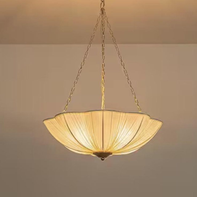 HUOKU Folar 4-Light 19 in.W Brass Mid-Century Flower Basket Chandelier with Pleated Fabric Cover for Living Room PD1083021