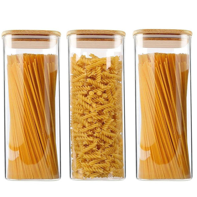 Glass Food Storage Jars 76 oz Set of 3,Glass Storage Containers Clear Glass Food Canister with Bamboo Lid Airtight For Serving Tea, Coffee, Flour, Sugar, Candy, Cookie, Spice and More (Square)