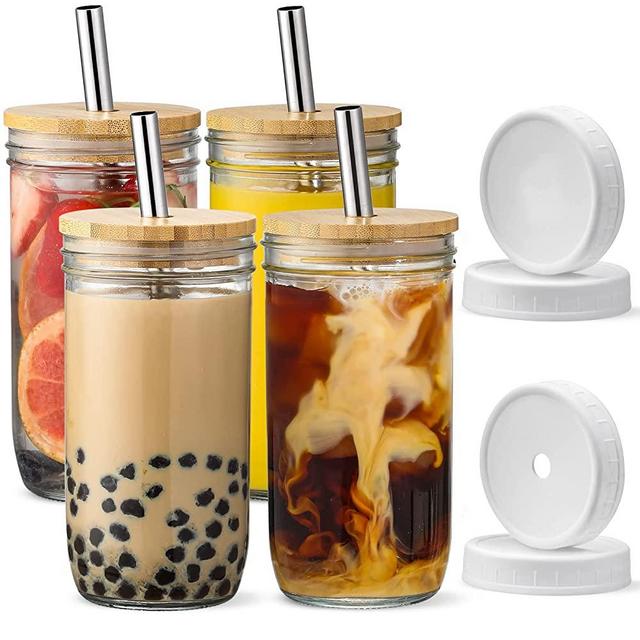 [ 4 Pack ] Glass Cups Set - 24oz Wide Mouth Mason Jar Drinking Glasses w Bamboo Lids & Straws & 2 Airtight Lids - Cute Reusable Boba Bottle, Iced Coffee Glasses, Travel Tumbler for Bubble Tea, Juice,
