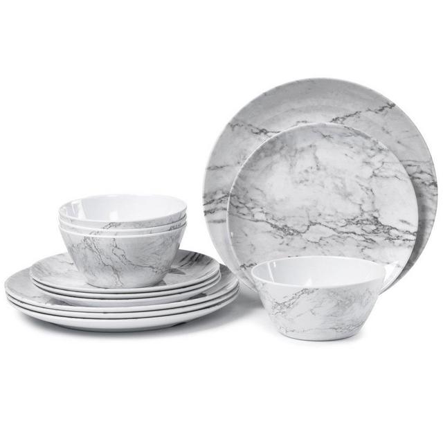 Melamine Dinnerware Set for 4-12 Piece Dinner Dishes Set for Camping Use, Lightweight Unbreakable and Dishwasher Safe, Marble Pattern ...