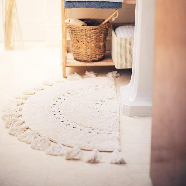 Half Circle Bohemian Bathroom Rug with Tassels & Crochet Insert. Beautifully Handcrafted with Natural 100% Cotton, Machine Washable. Boho Rug for Bedroom. Versatile Cream 42x22