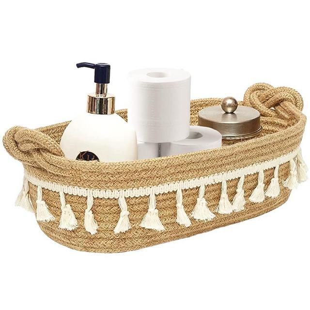HOSROOME Small Cotton Rope Woven Basket Toilet Paper Baskets for Organizing Decorative Basket for Boho Decor Small Storage Basket for Bedroom Nursery Livingroom Entryway，Cream