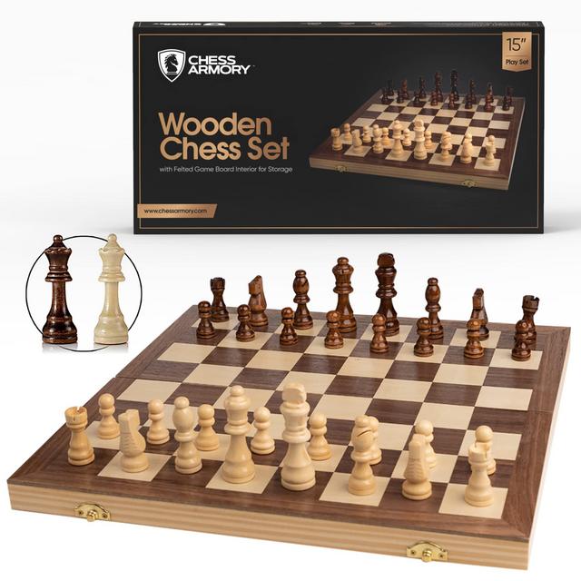 Chess Armory Chess Set 15" x 15"- Inlaid Walnut Wooden Chess Set with Folding Chess Board, Staunton Chess Pieces, Storage Box - Chess Set Wood Board Game