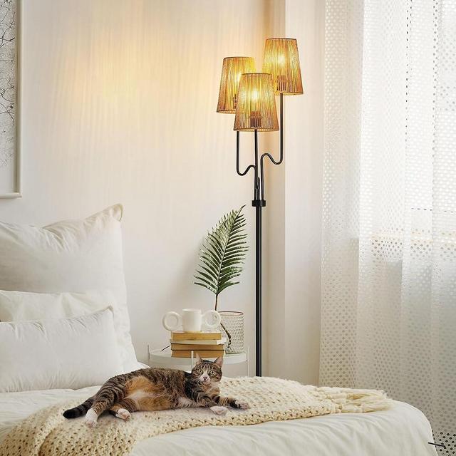 Boho Floor Lamp, 68in. Rattan Floor Lamp with Rattan Shade,3 Light Tree Standing Lamp for Bedroom,Nursery,E26 Socket, Living Room Floor Lamp for Rustic,Coastal, Beach or Bohemian Decor (Black)