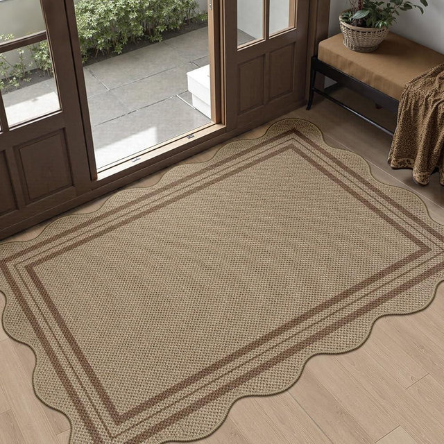 LORWER Easy Jute Front Door Mat, 2.6x4 Washable Entryway Rug Non Slip Small Kitchen Rug, Farmhouse Low Pile Floor Scalloped Rugs for Bathroom Porch Doorway