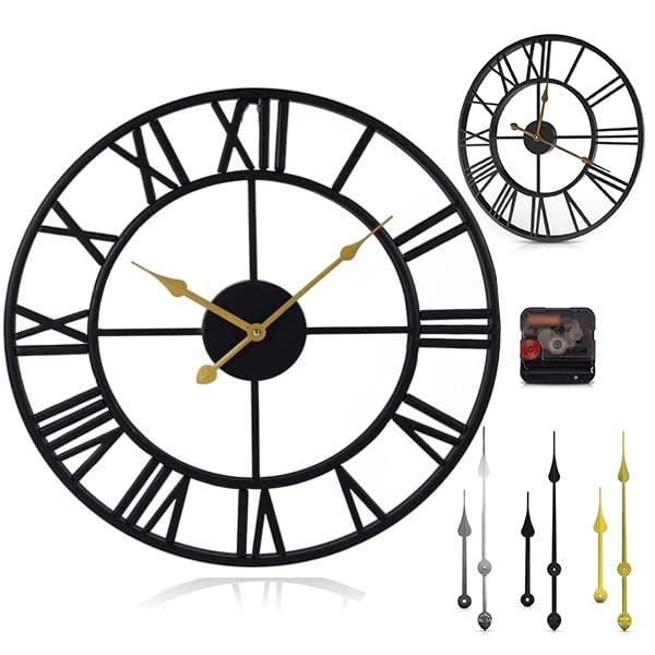 Large Metal Wall Clocks Rustic Round Silent Little Non-Ticking Battery Operated Black Roman Numerals Clock for Living Room - Bedroom - Kitchen Wall Déco -18”/46 cm Extra’s Included: USA Owned 🇺🇸