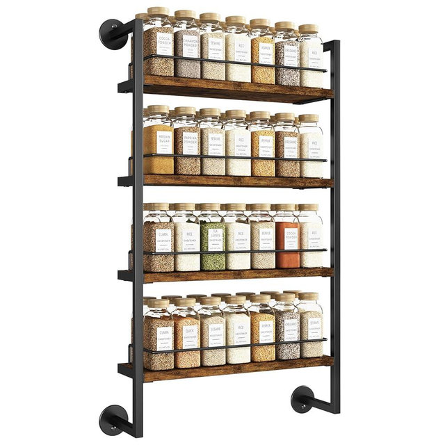 IBUYKE Spice Rack Wall Mount,4 Tier Hanging Seasoning Organizer,Large Spice Rack for Wall for up to 50 Jars,Spice Organization for Kitchen Cabinet,Bathroom,Pantry,Living Room,Brown TLJ016H
