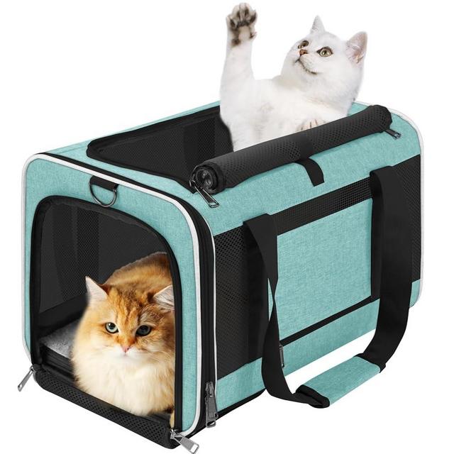 GAPZER Pet Car Carrier for Mini Dog Soft Doggy Crate for Pomeranian up to 15 Pounds Washable Cloth Fabric Carry Cage Puppy Yorkie Flexible Top Opening Kennel with Pocket Dog Needs Teal Aqua