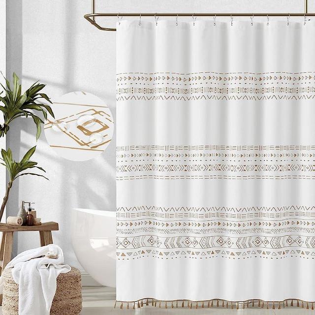 jinchan Boho Shower Curtain Taupe and White Shower Curtain Fabric Shower Curtain with Tassels Geometric Summer Shower Curtain Bohemian Shower Curtain Hooks Included in Bath 70x72 inches