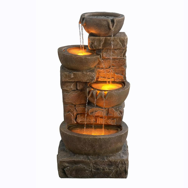 Teamson Home 33.27" Cascading Bowls & Stacked Stones LED Water Fountain for Outdoor Living Spaces, Brown
