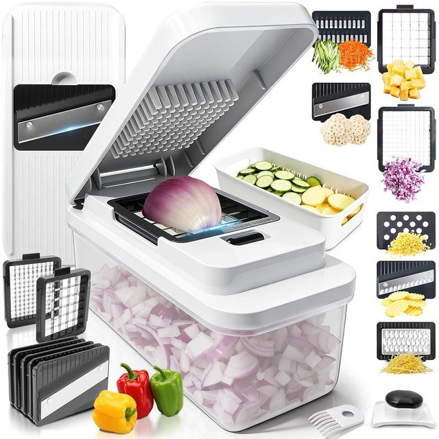 14-In-1 Chopper Vegetable Cutter with 7 Blades, Vegetable Chopper with Container and Lid, Mandoline Slicer for Kitchen, Veggie Slicer for Salad, Cheese Grater, Kitchen Gadgets Accessories Essentials