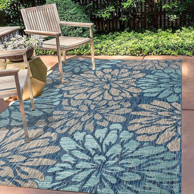 JONATHAN Y SMB110C-9 Zinnia Modern Floral Textured Weave Indoor Outdoor Area-Rug Bohemian Coastal Easy-Cleaning Bedroom Kitchen Backyard Patio Non Shedding, 9 X 12, Navy/Aqua