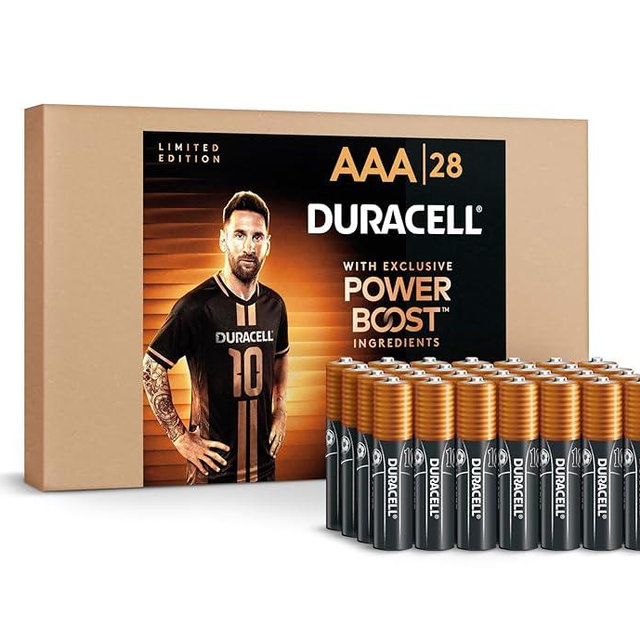 Duracell x Messi Limited Edition Coppertop AAA Alkaline Batteries with Power Boost Ingredients, 28 Count (Pack of 1), Long-Lasting Alkaline in Re-closable Pack for Quick Access and Organized Storage