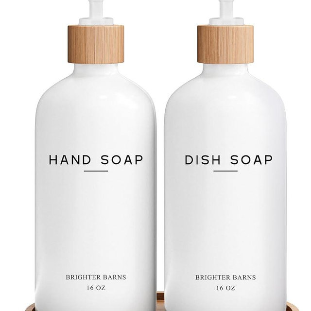 White Glass Hand and Dish Soap Dispenser Set by Brighter Barns - Kitchen Soap Dispenser Set with Tray - Liquid Soap Dispenser for Kitchen Sink - Housewarming Gift, Kitchen Decor, Boho Decor (White)