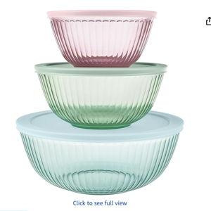 Pyrex Colors (3-Pack, Full Set) Sculpted Tinted Glass Mixing Bowls With Plastic Lids, Nesting Space Saving Set of Bowls For Prepping and Baking, 1.3QT, 2.3QT & 4.5Q, (Pink, Green, Aqua)