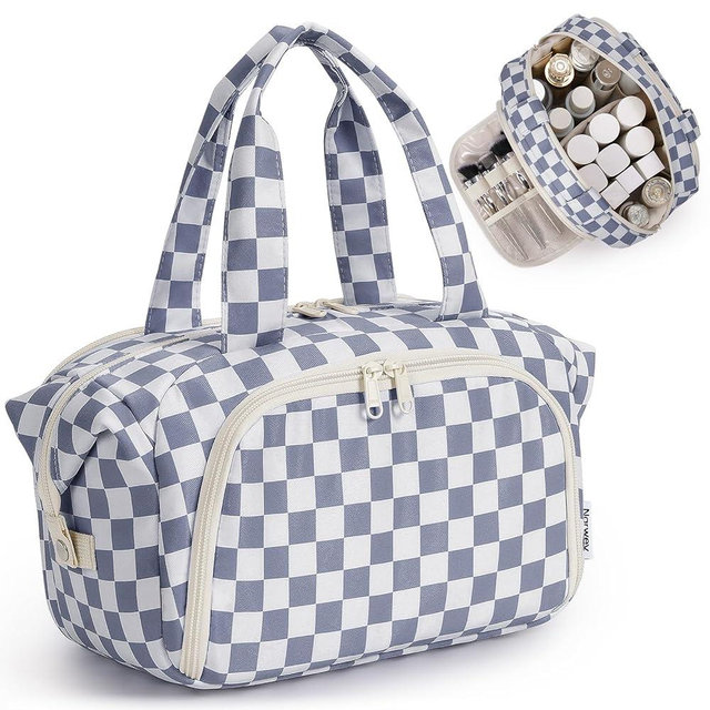 Narwey Travel Toiletry Bag for Women, Checkered Large Makeup Bag, Wide-open Cosmetic Make Up Organizer with Handle, Travel Bag for Toiletries, Essentials, Accessories (Greyish Blue Checkerboard)