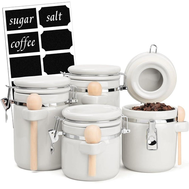 ZEBERBO 4-Piece Airtight Ceramic Canisters Set with Wooden Spoons & Chalk Labels – Perfect for Coffee, Sugar, Flour, Tea (White) – Stylish & Leakproof Kitchen Storage