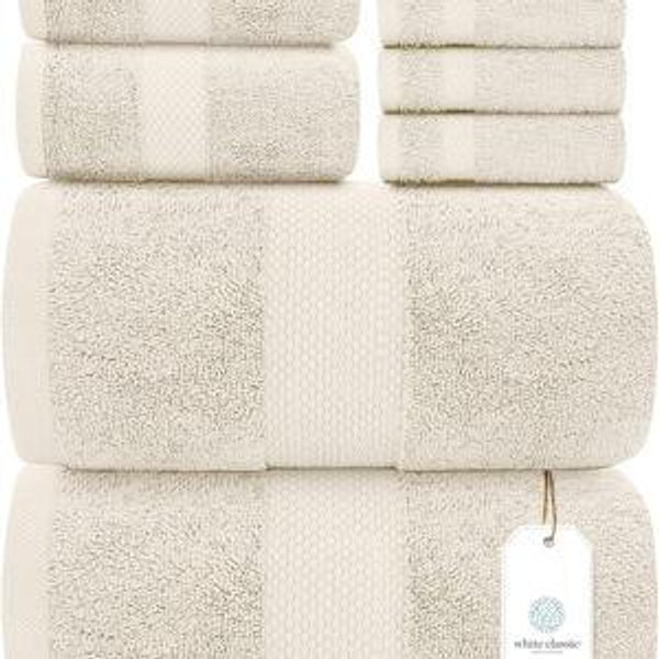 White Classic Luxury Bath Towel Set of 8 Pieces - 100% Turkish Cotton Highly Absorbent Towels for Bathroom, 2 Luxury Bath Towels 700GSM, 2 Hand Towels, 4 Washcloths, Ivory