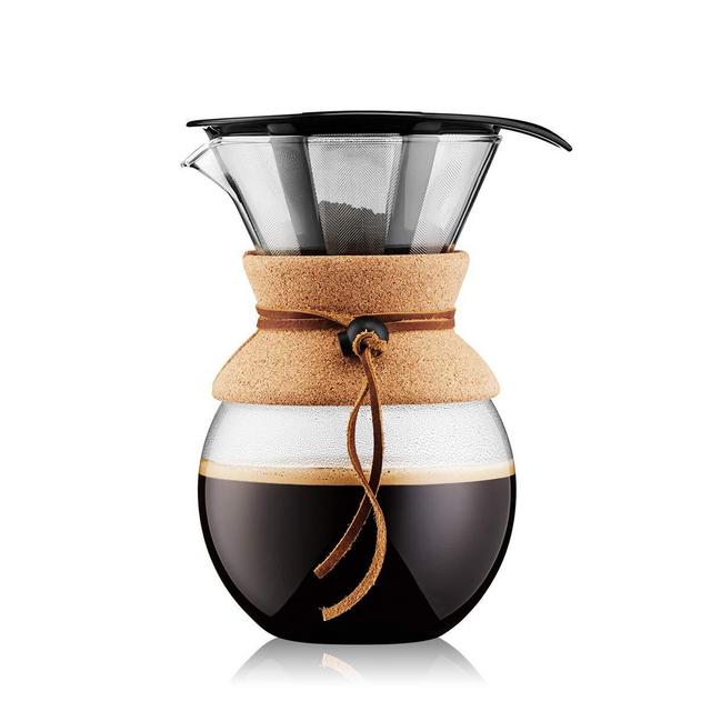 Bodum Pour Over Coffee Maker with Permanent Filter, Glass, 34 Ounce, 1 Liter, Cork Band