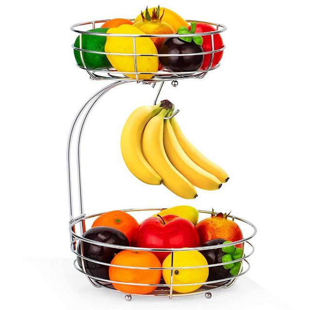 Auledio 2-Tier Countertop Fruit Vegetables Basket Bowl Storage With Banana Hanger,Chrome